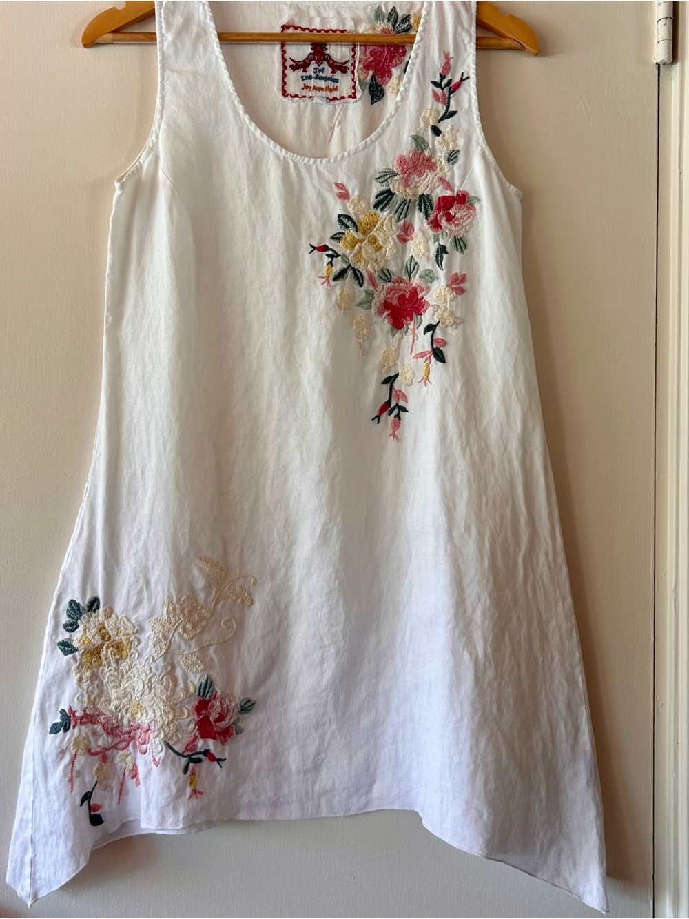 White Floral Embroidered Womens Johnny Was Linen Mini Dress